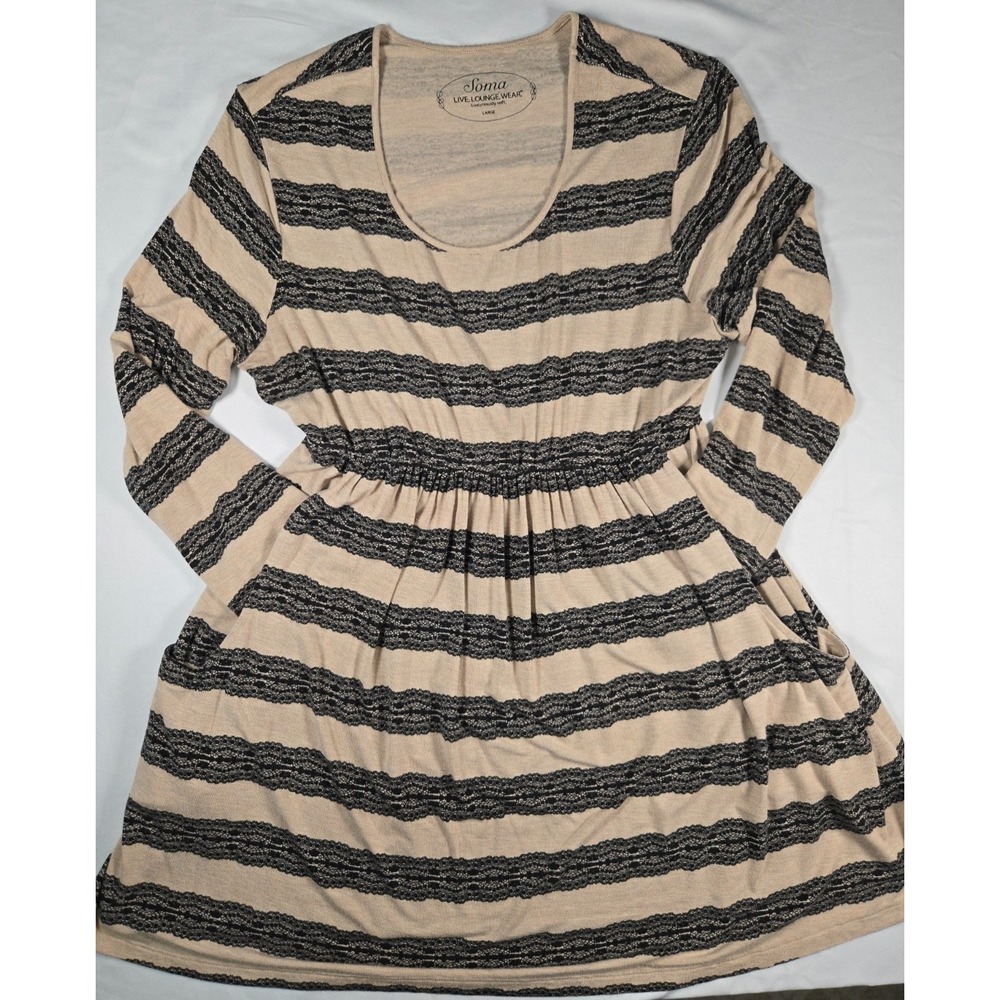 Soma Live Lounge Wear Tunic Top L Beige Black Stripe Cozy Style Soft Knit
